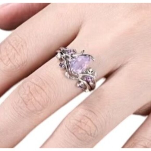 Pear Cut lavender amethyst & moissanite engagement wedding ring set in Titanium - Picture 3 of 4